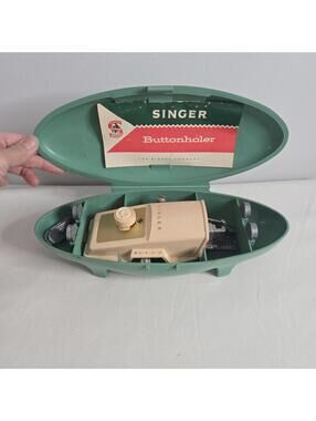 Vintage Singer Buttonholer Seafoam Green Atomic Case Sewing Attachment